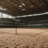 Quadra de vôlei coberta, com rede esticada ao centro e arquibancadas ao fundo