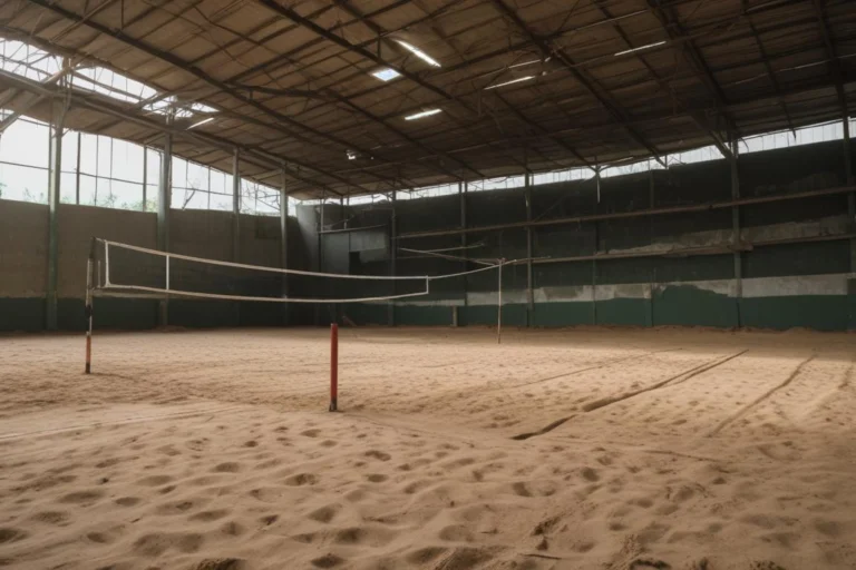 Quadra de vôlei coberta, com rede esticada ao centro e arquibancadas ao fundo