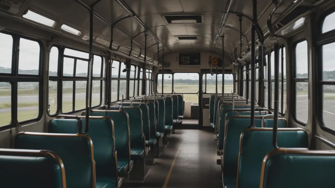 Interior de um ônibus urbano vazio, com poltronas azuis e corredor central