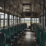 Interior de um ônibus urbano vazio, com poltronas azuis e corredor central