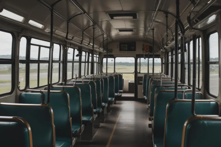 Interior de um ônibus urbano vazio, com poltronas azuis e corredor central