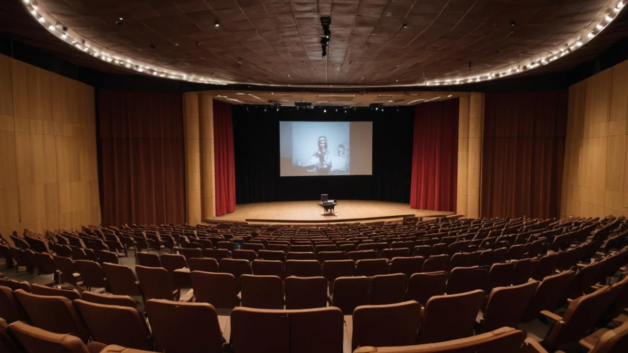 Auditório com poltronas vazias e palco iluminado, pronto para uma apresentação teatral