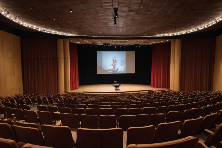Auditório com poltronas vazias e palco iluminado, pronto para uma apresentação teatral