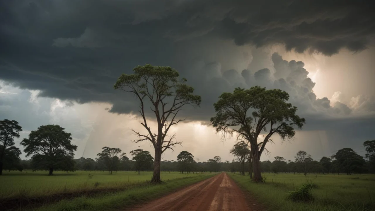 Nuvens escuras de tempestade sobre estrada de terra na região de Presidente Prudente ao anoitecer