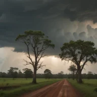 Nuvens escuras de tempestade sobre estrada de terra na região de Presidente Prudente ao anoitecer