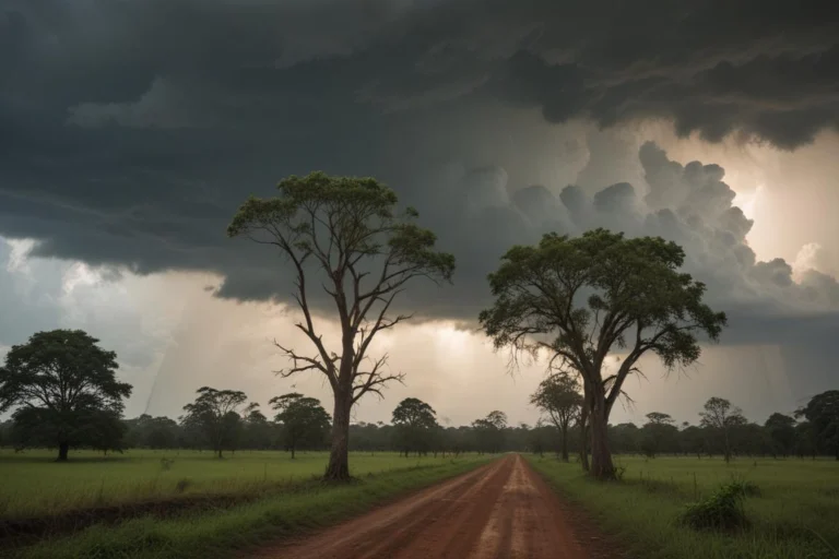 Nuvens escuras de tempestade sobre estrada de terra na região de Presidente Prudente ao anoitecer