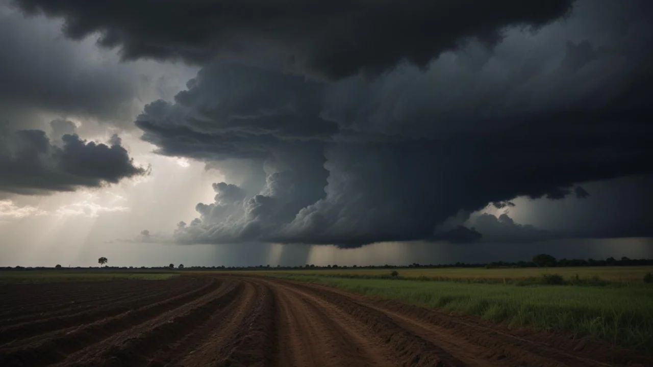 Céu escuro de tempestade com nuvens carregadas e chuva sobre uma estrada de terra no interior de São Paulo