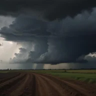 Céu escuro de tempestade com nuvens carregadas e chuva sobre uma estrada de terra no interior de São Paulo