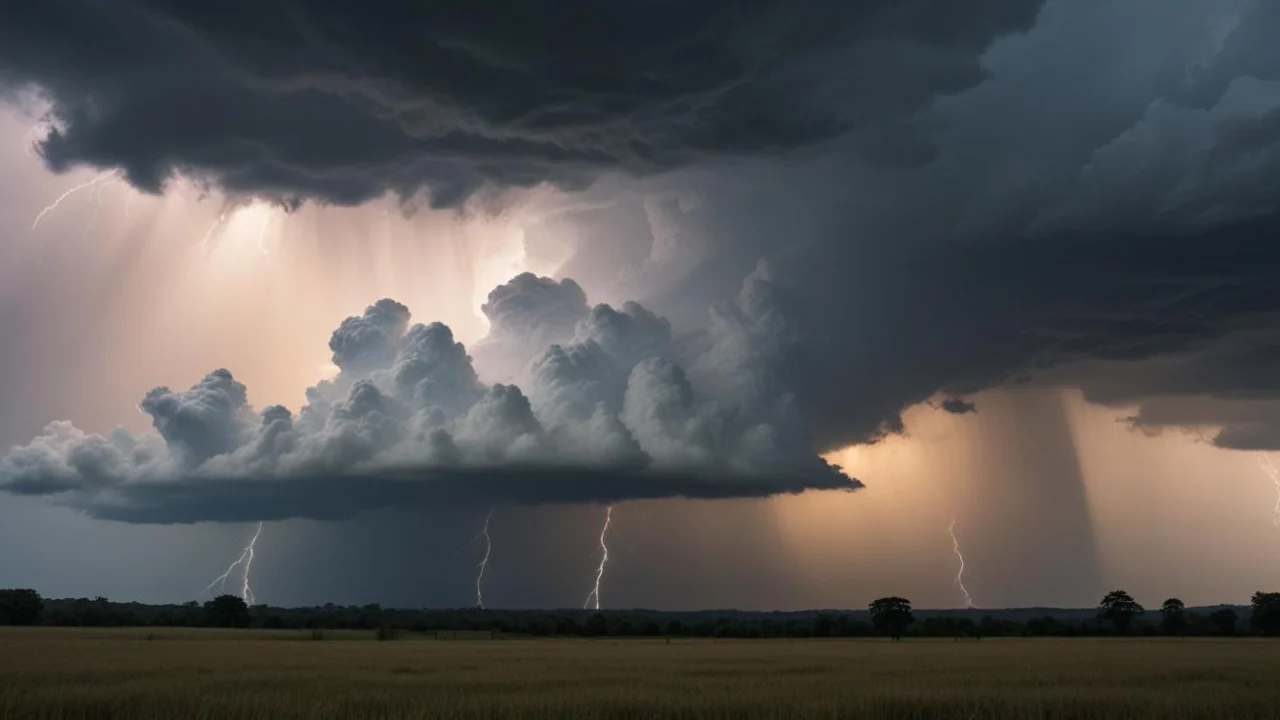 Nuvens de tempestade escuras com raios sobre o horizonte em campo aberto