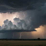 Nuvens de tempestade escuras com raios sobre o horizonte em campo aberto