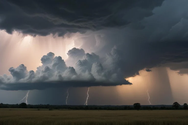 Nuvens de tempestade escuras com raios sobre o horizonte em campo aberto