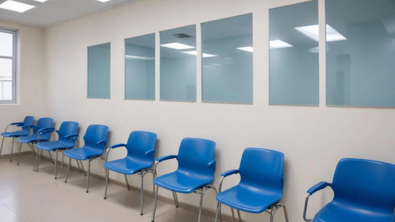 Sala de espera de unidade básica de saúde com cadeiras plásticas azuis e paredes claras