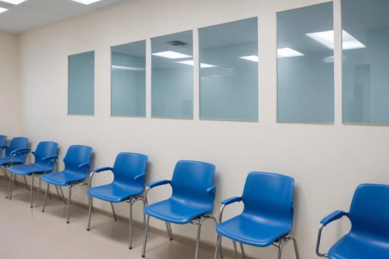 Sala de espera de unidade básica de saúde com cadeiras plásticas azuis e paredes claras