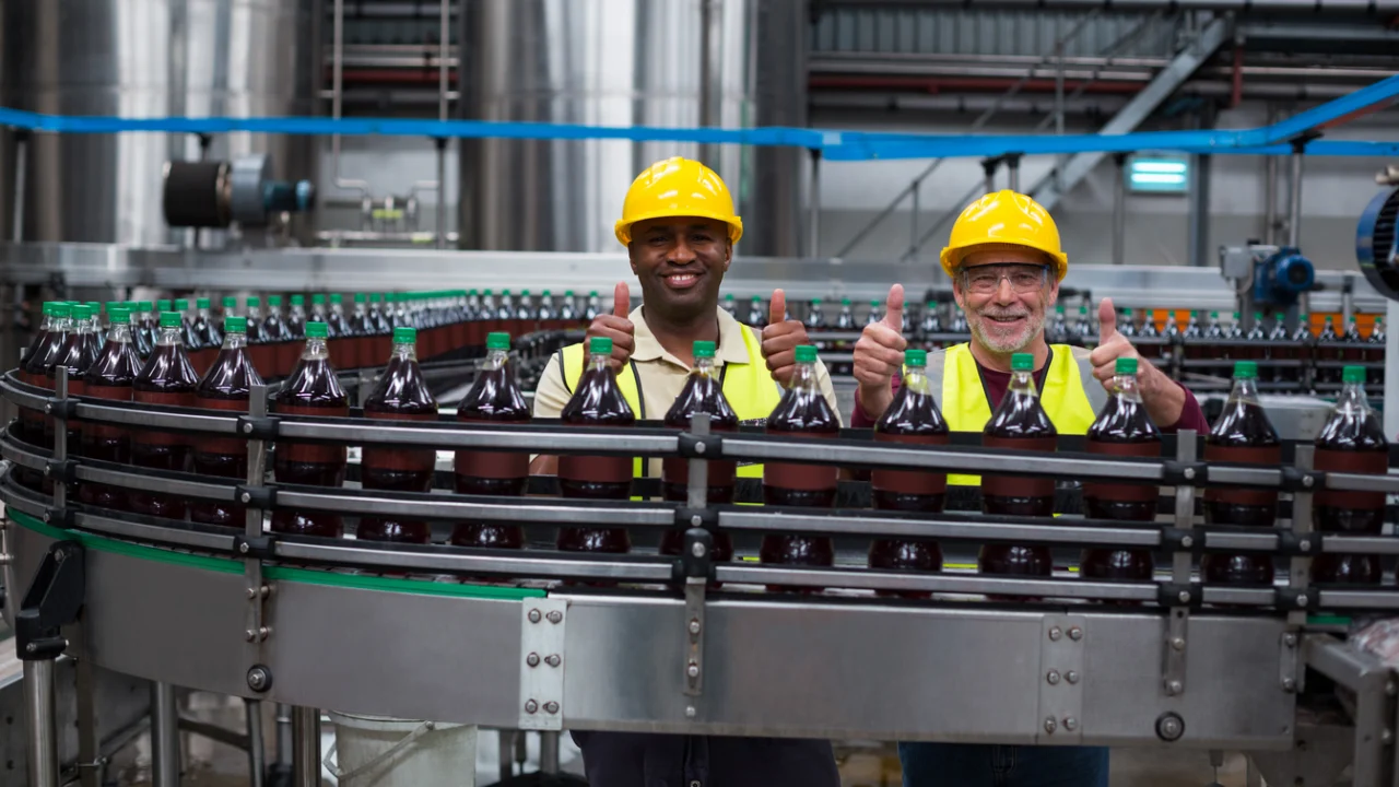 Dois trabalhadores de capacete e colete refletivo em linha de produção de bebidas em uma fábrica