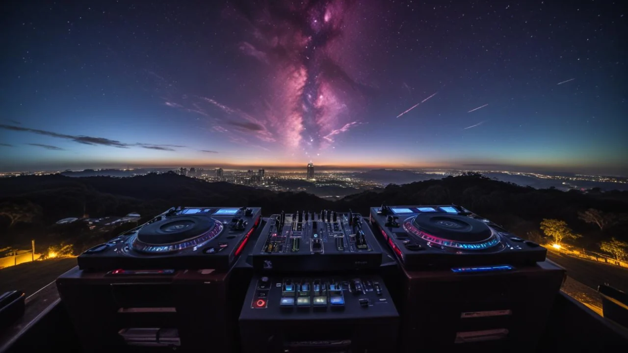 Cabine de DJ vazia em espaço de eventos ao ar livre, com refletores e árvores ao entardecer.