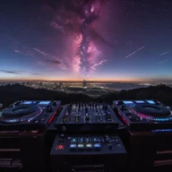 Cabine de DJ vazia em espaço de eventos ao ar livre, com refletores e árvores ao entardecer.