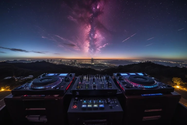 Cabine de DJ vazia em espaço de eventos ao ar livre, com refletores e árvores ao entardecer.
