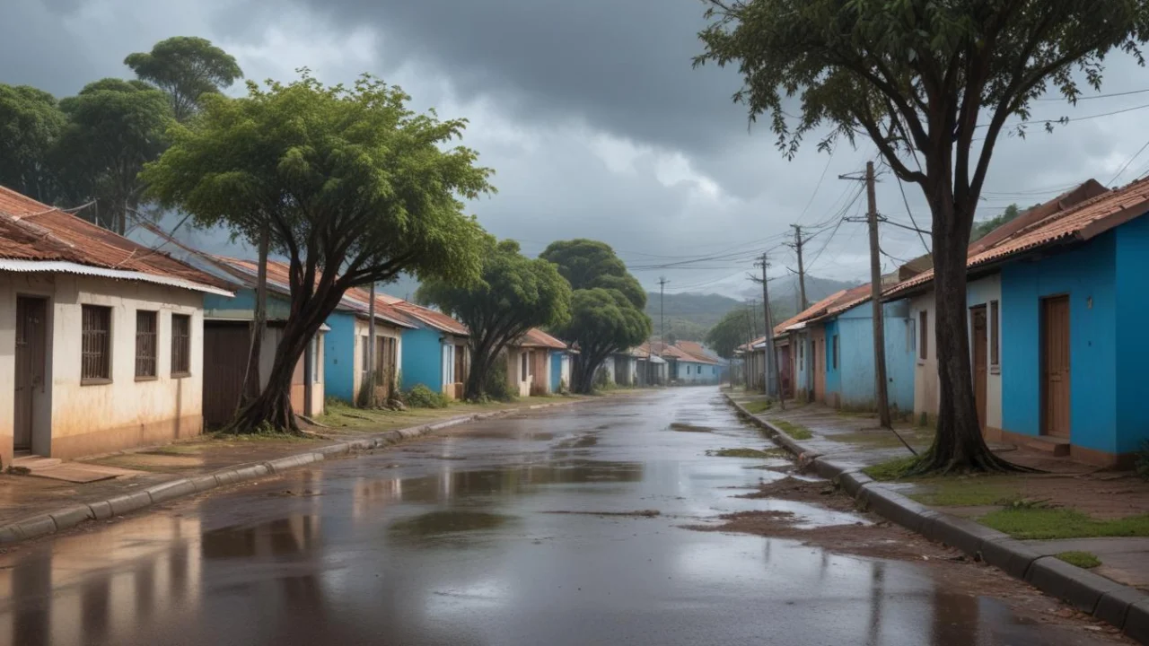 Rua residencial do interior paulista com asfalto molhado, casas térreas e árvores sob céu nublado após chuva.