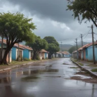 Rua residencial do interior paulista com asfalto molhado, casas térreas e árvores sob céu nublado após chuva.