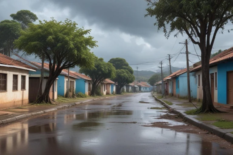 Rua residencial do interior paulista com asfalto molhado, casas térreas e árvores sob céu nublado após chuva.