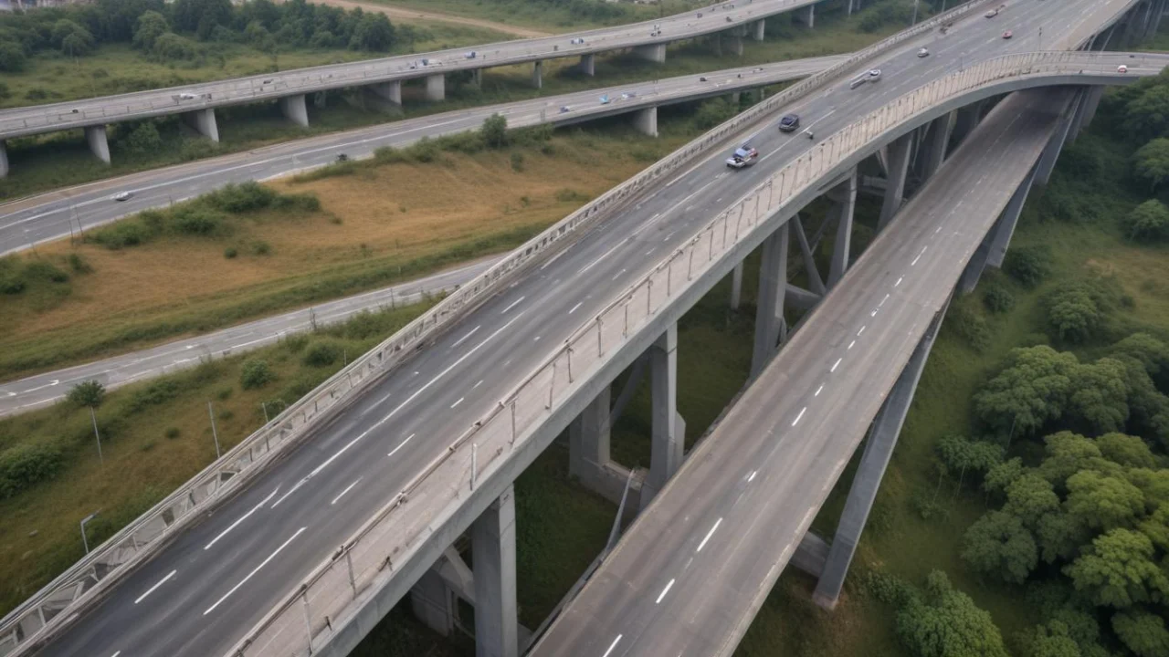 Viaduto rodoviário com faixas de trânsito e carros passando, visto de cima, em meio a área verde