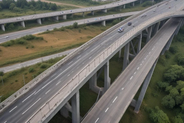 Viaduto rodoviário com faixas de trânsito e carros passando, visto de cima, em meio a área verde