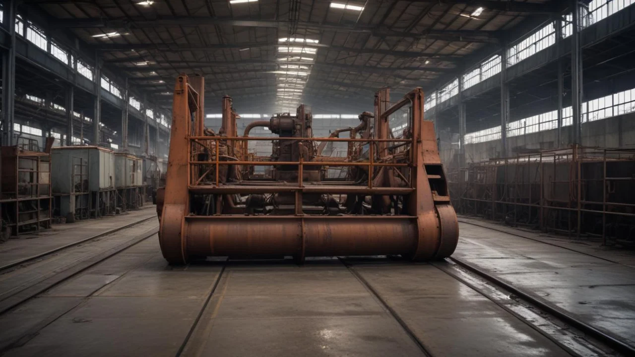 Interior de galpão industrial com estrutura metálica e máquinas ao fundo, sem pessoas