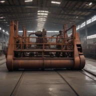 Interior de galpão industrial com estrutura metálica e máquinas ao fundo, sem pessoas