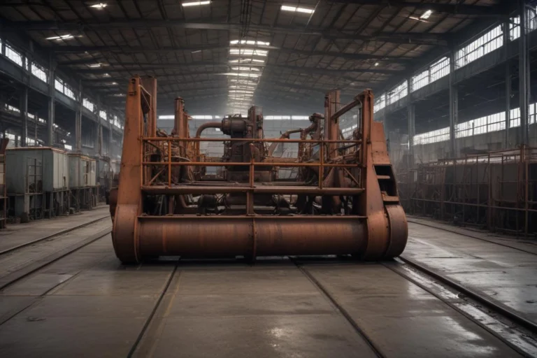 Interior de galpão industrial com estrutura metálica e máquinas ao fundo, sem pessoas