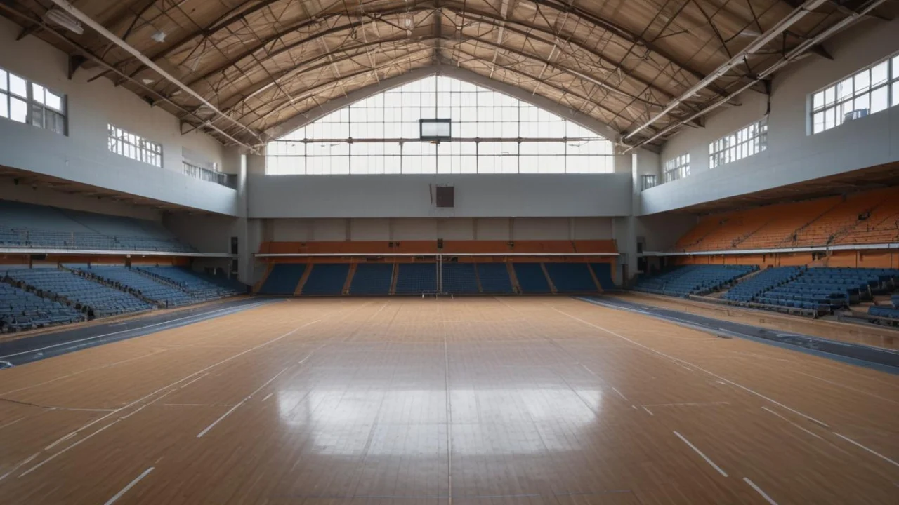 Quadra de ginásio esportivo coberta vazia, com piso de madeira demarcado e arquibancadas ao fundo