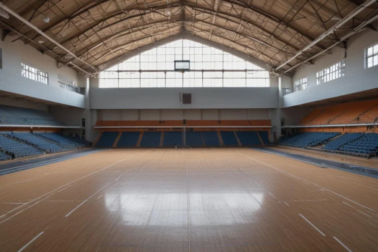 Quadra de ginásio esportivo coberta vazia, com piso de madeira demarcado e arquibancadas ao fundo
